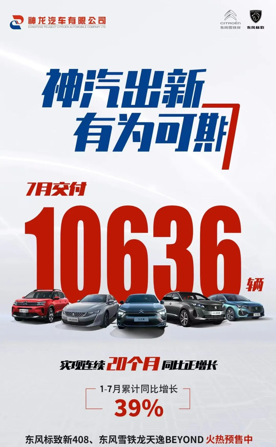 7月31日23:40，神龙汽车宣布7月交付10636辆；1-7月累计销量66395辆，累计同比增长39%。
